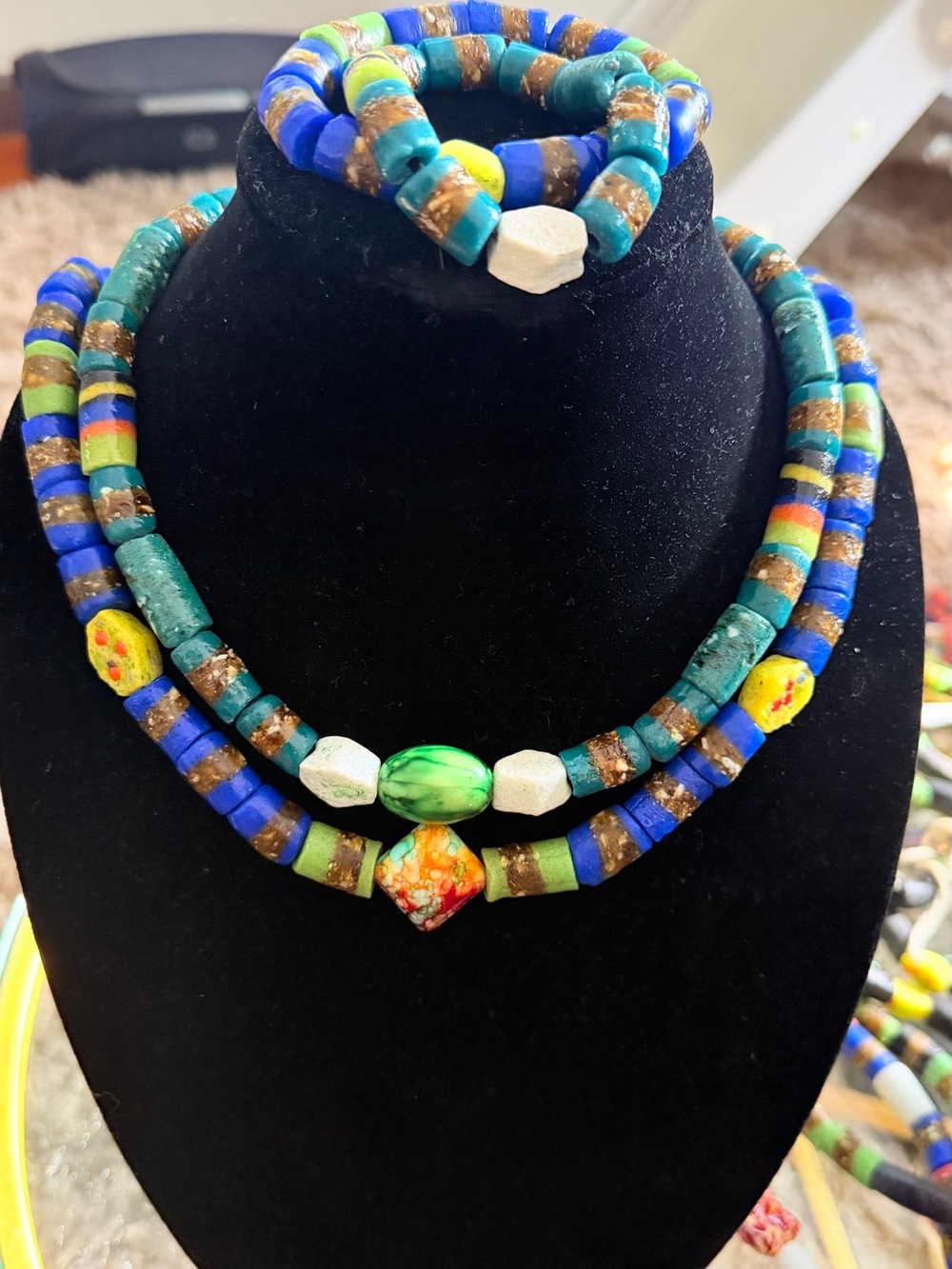Colorful Multi-Strand African Trade Bead Necklace and Bracelet Set